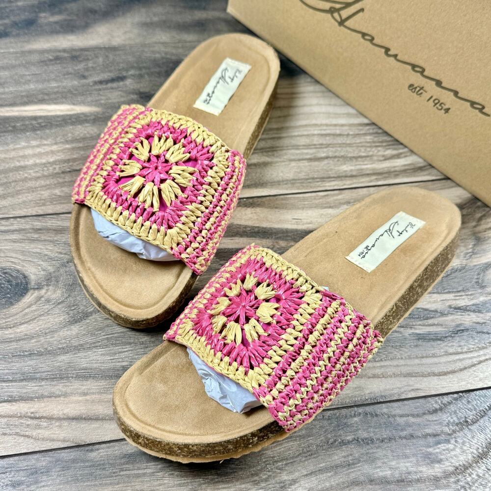 NIB VINTAGE HAVANA Mimi Crochet Slide Sandals Natural/Pink 7.5M
